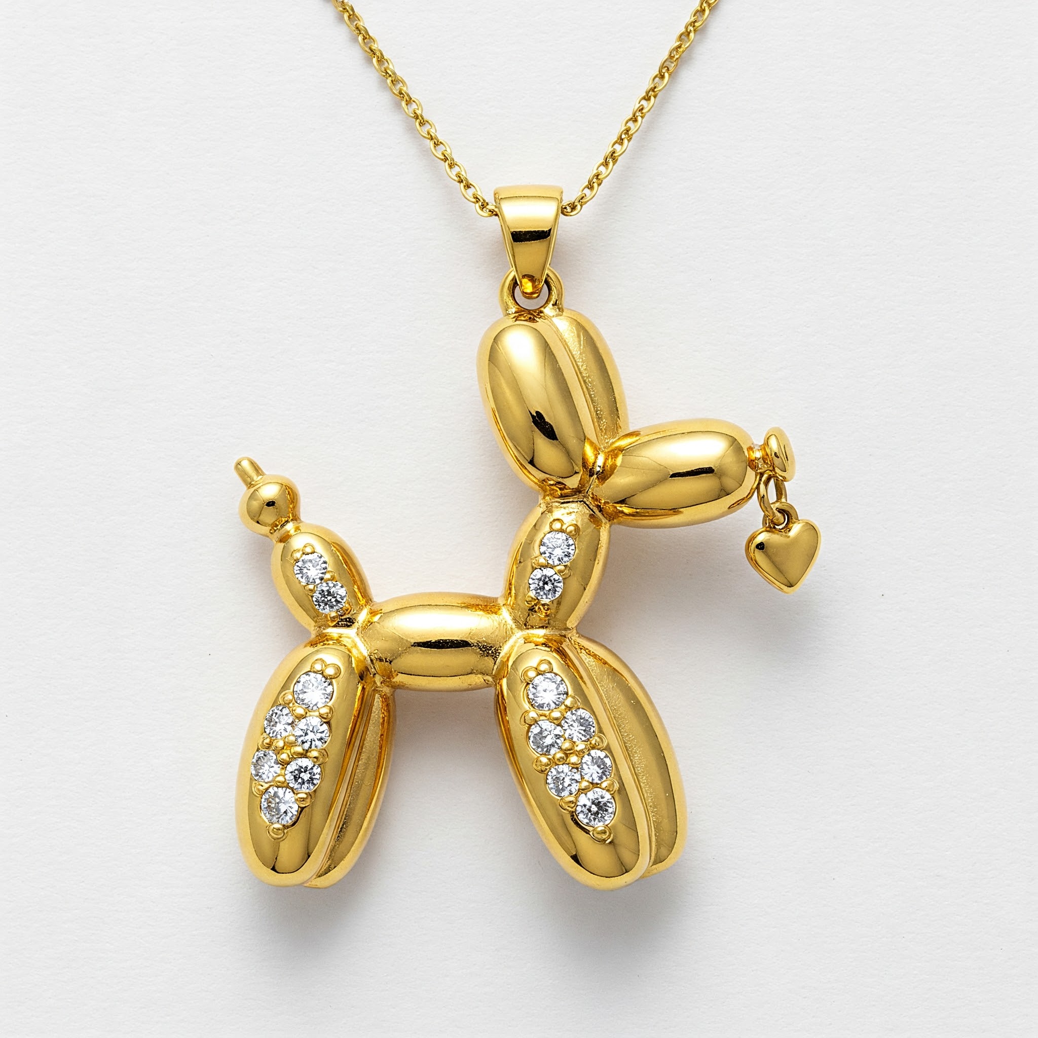 Gold Balloon Dog Pendant Necklace with Diamond Accents and Heart Charm